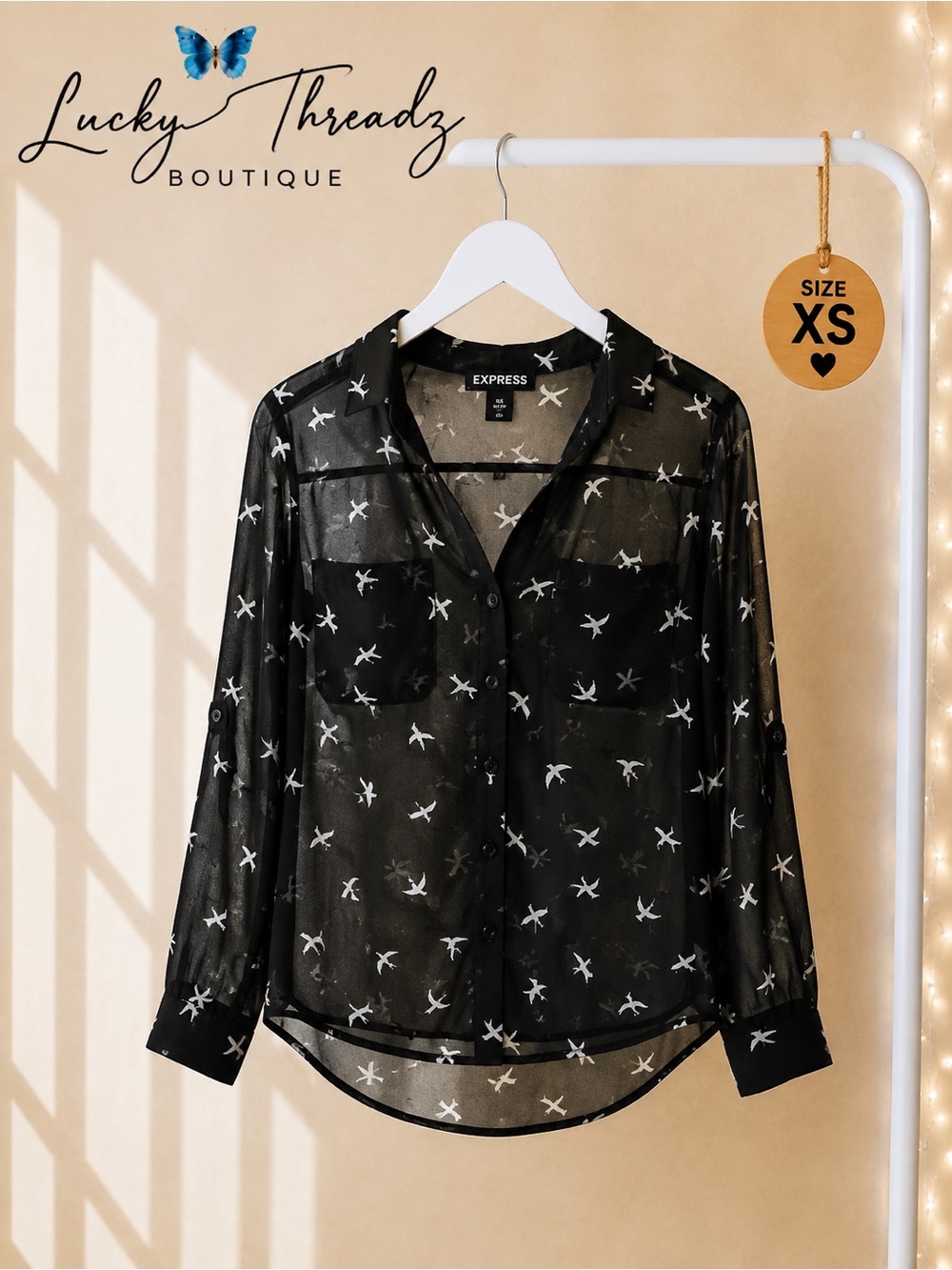 Express Sheer Bird Swallow Print Button Front Blouse Womens XS Roll Tab Top